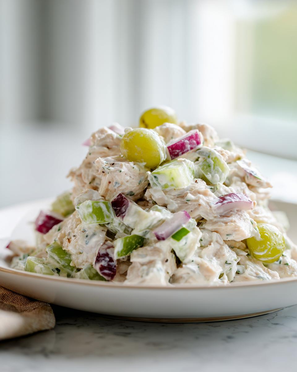 Close-up of a fresh mound of greek yogurt chicken salad mixed with celery, red onion, and green grapes.