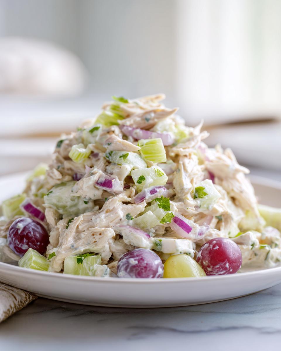 Close-up of a mound of creamy greek yogurt chicken salad mixed with celery, red onion, and grapes on a white plate.