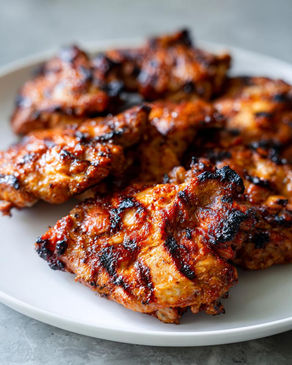 Close-up of several pieces of grilled chicken thighs showing char marks, coated in a rich, reddish-orange chicken marinade.