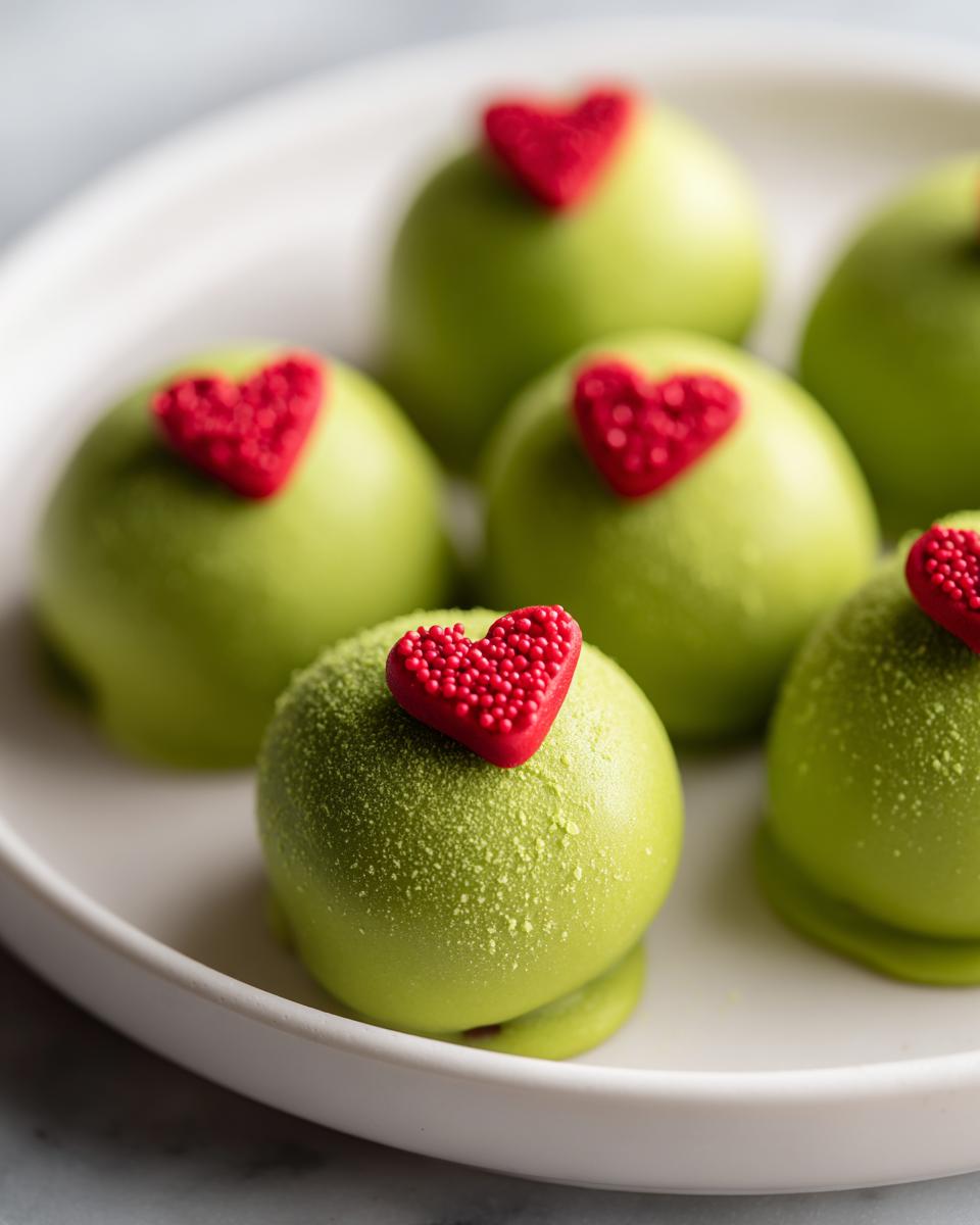 Several bright green Grinch Oreo balls topped with small red heart sprinkles on a white plate.