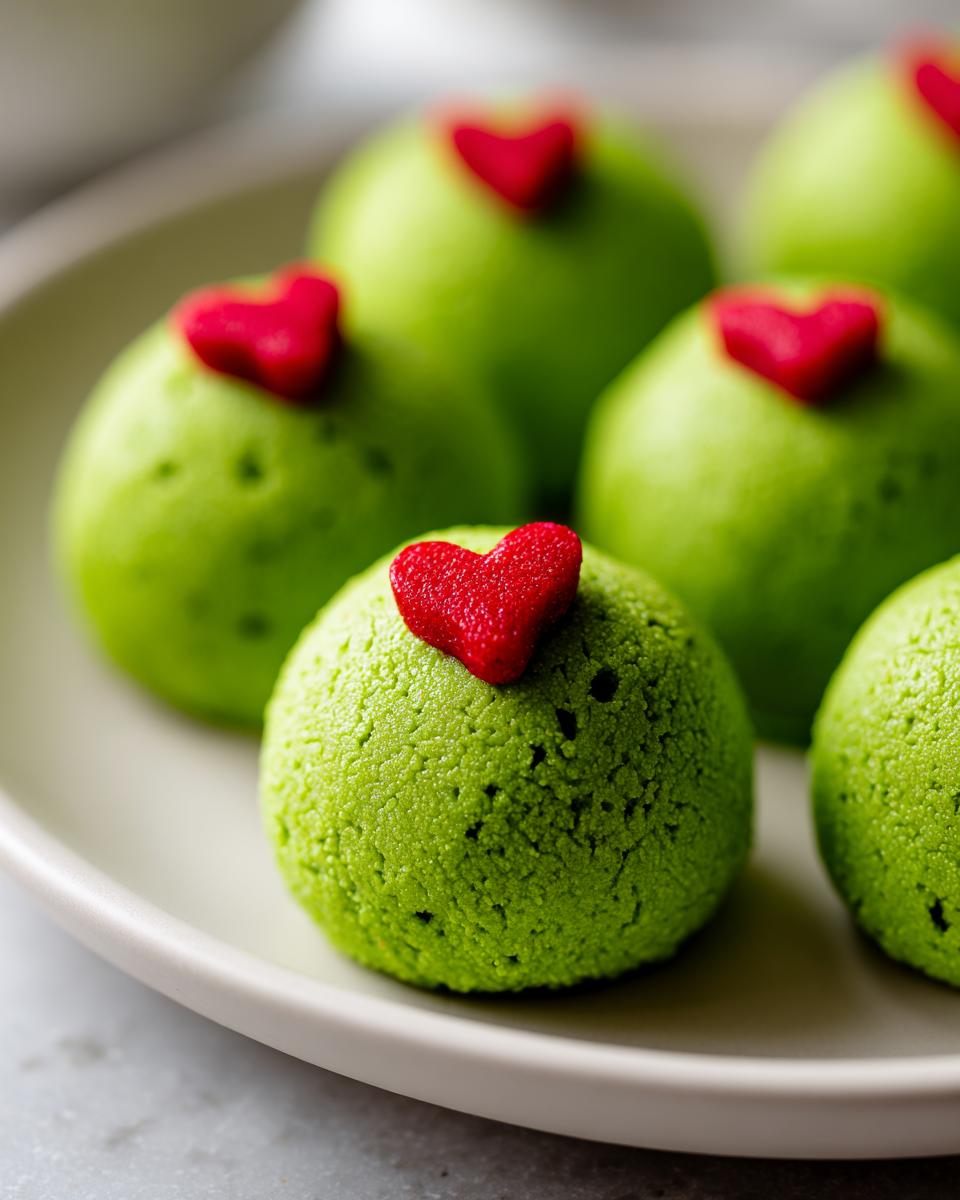 Close-up of bright green Grinch Oreo Balls topped with small red heart sprinkles on a light plate.