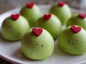 Several bright green Grinch Oreo Balls topped with small red hearts, arranged on a white plate.