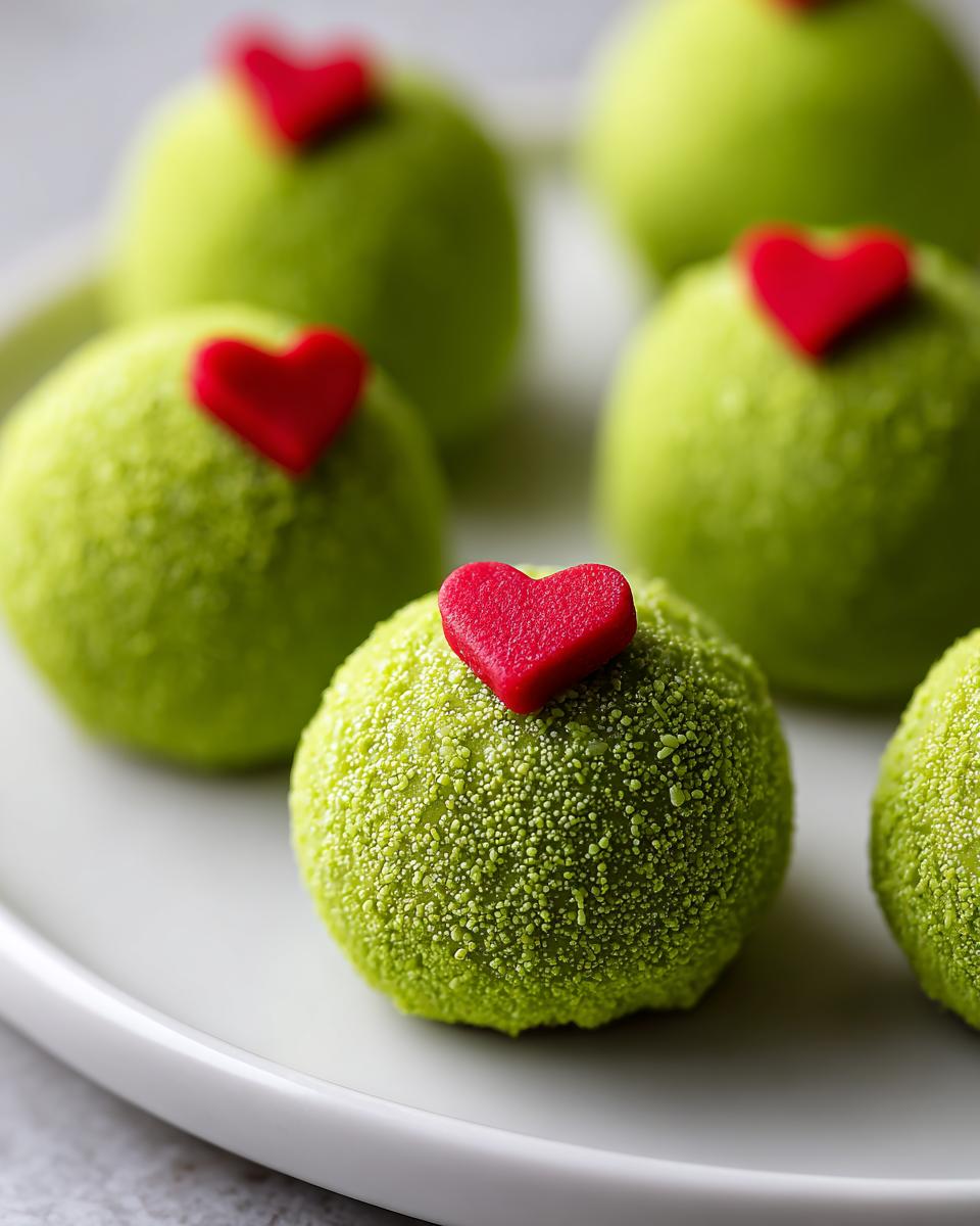 Close-up of bright green, textured Grinch Oreo Balls topped with small red candy hearts on a white plate.