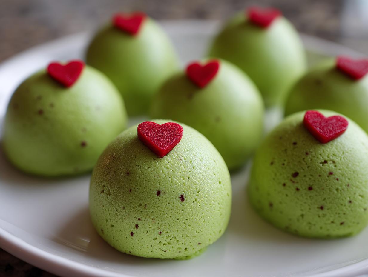 Several bright green Grinch Oreo Balls topped with small red hearts, arranged on a white plate.