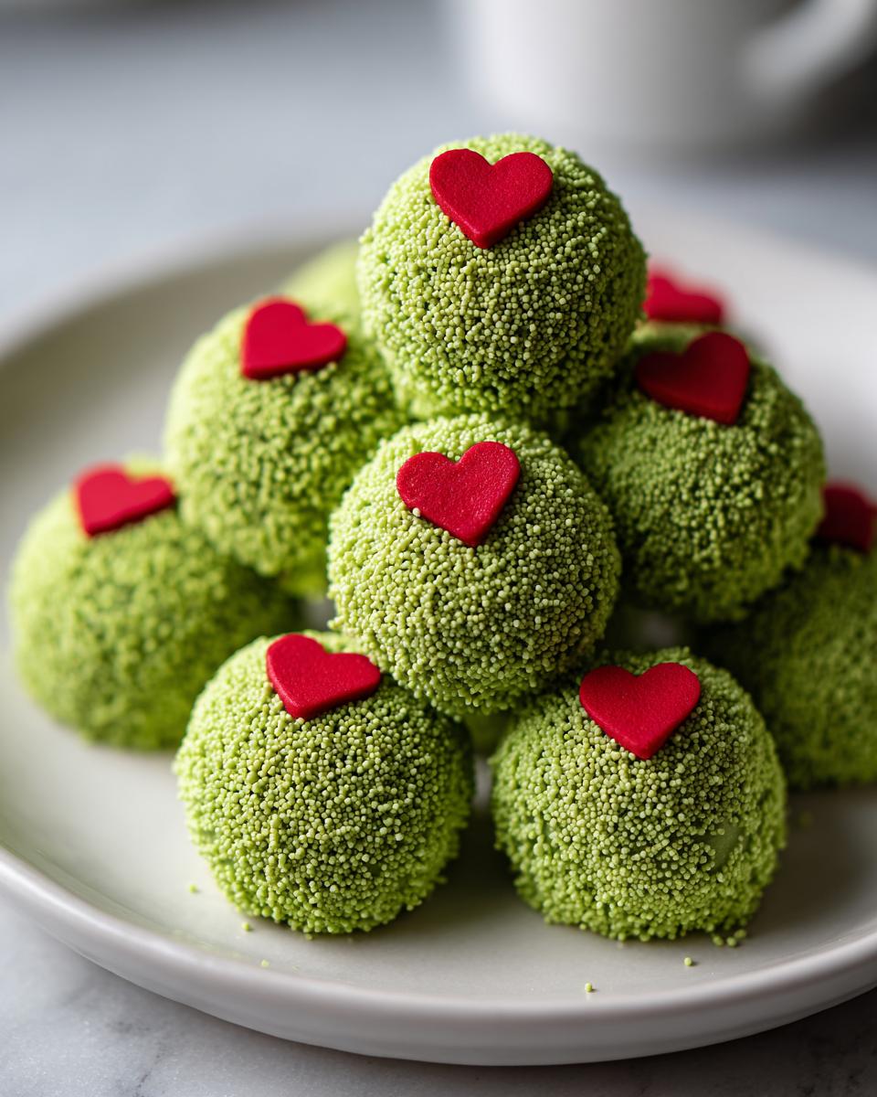A stack of bright green, sprinkle-coated Grinch Oreo Balls topped with small red hearts on a white plate.