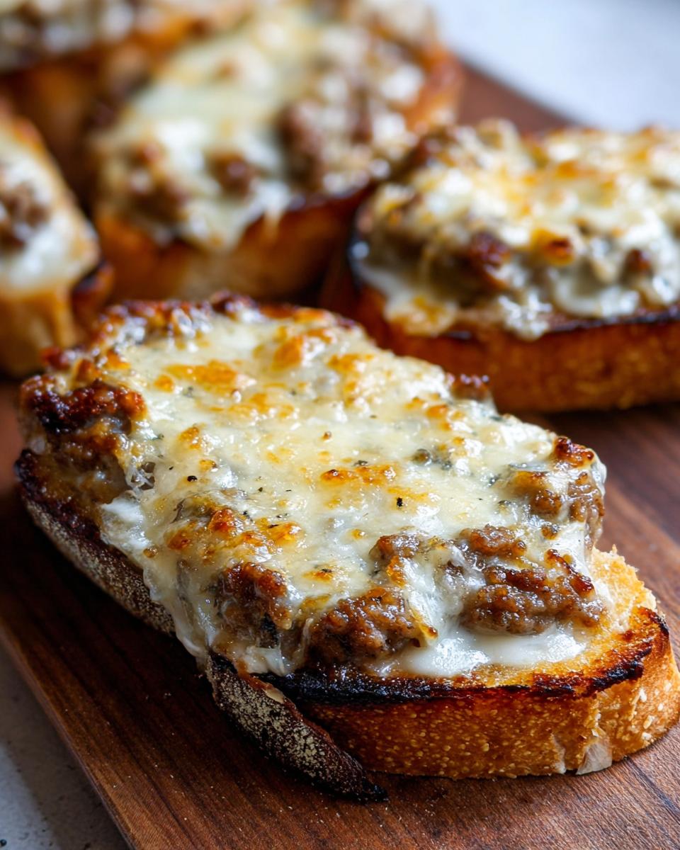 Close-up of a toasted bread slice topped with savory meat mixture and melted cheese, part of the hanky panky recipe.