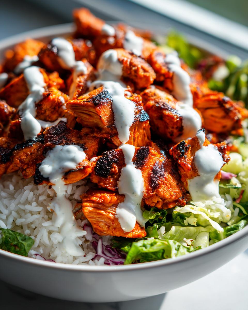 Close-up of a bowl filled with white rice, fresh greens, and topped with vibrant orange harissa chicken pieces drizzled with white sauce.