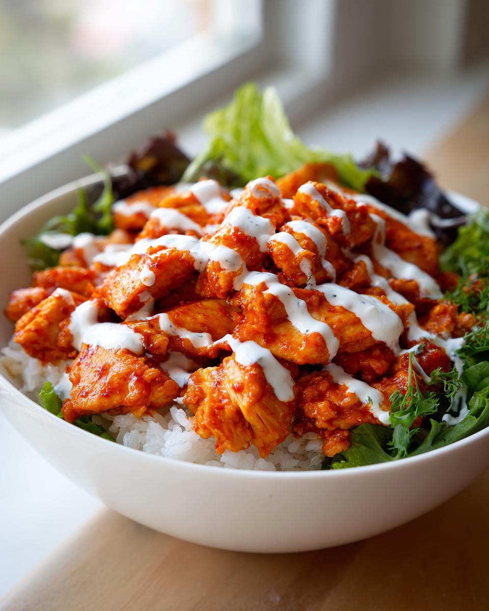 Close-up of a white bowl filled with rice, topped with vibrant orange harissa chicken, fresh lettuce, and drizzled with white yogurt sauce.