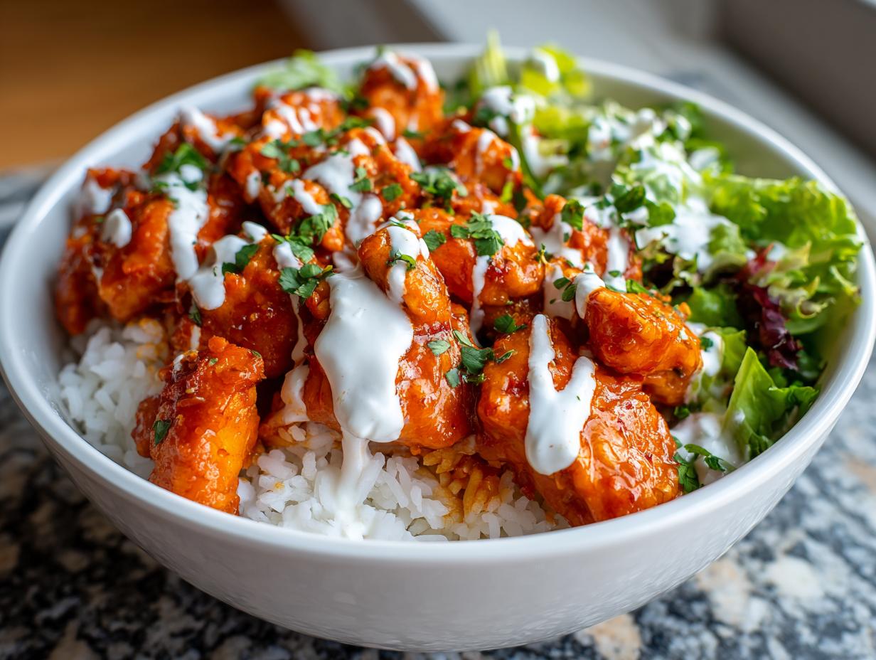 A close-up of a white bowl filled with white rice, topped with vibrant orange harissa chicken, drizzled with white yogurt sauce, and served with fresh greens.