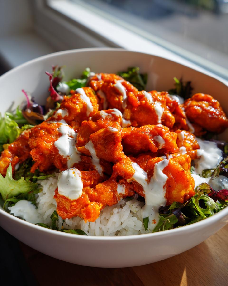 Close-up of a vibrant harissa chicken bowl featuring orange-glazed chicken pieces over white rice and mixed greens, topped with a white cooling sauce.