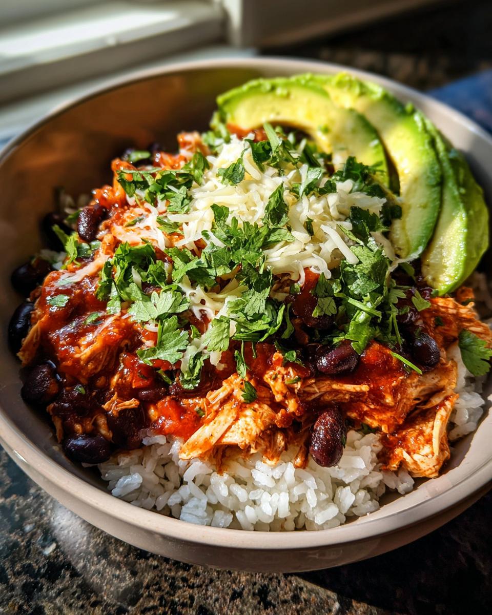 Close-up of a healthy chicken burrito bowl layered with white rice, shredded chicken in sauce, black beans, cheese, and cilantro.