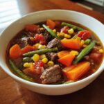 Close-up of a steaming bowl of hearty vegetable beef soup filled with chunks of beef, carrots, green beans, and corn.