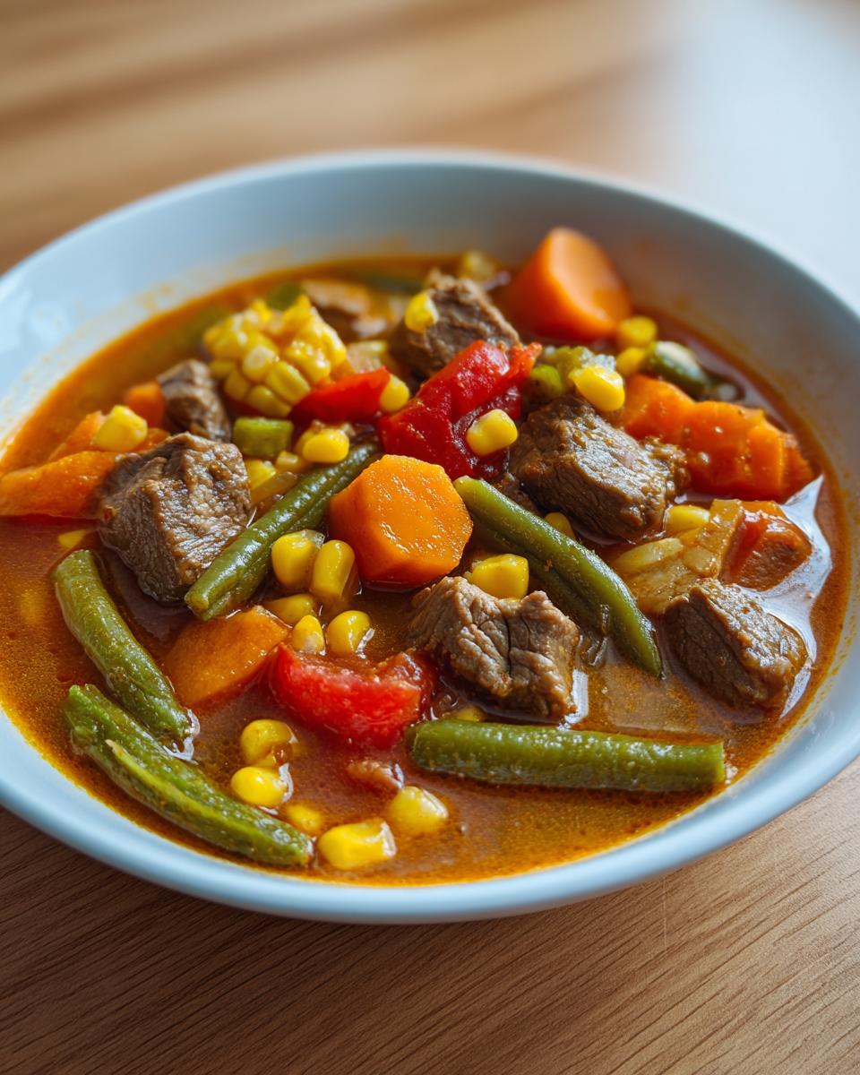 Close-up of a bowl of hearty vegetable beef soup filled with chunks of beef, carrots, green beans, corn, and tomatoes.