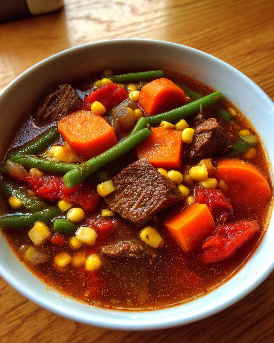 Close-up of a bowl filled with rich vegetable beef soup featuring chunks of beef, carrots, green beans, and corn.