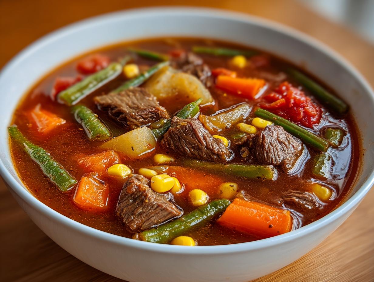 Close-up of a white bowl filled with rich, dark broth vegetable beef soup, featuring chunks of beef, carrots, green beans, and corn.