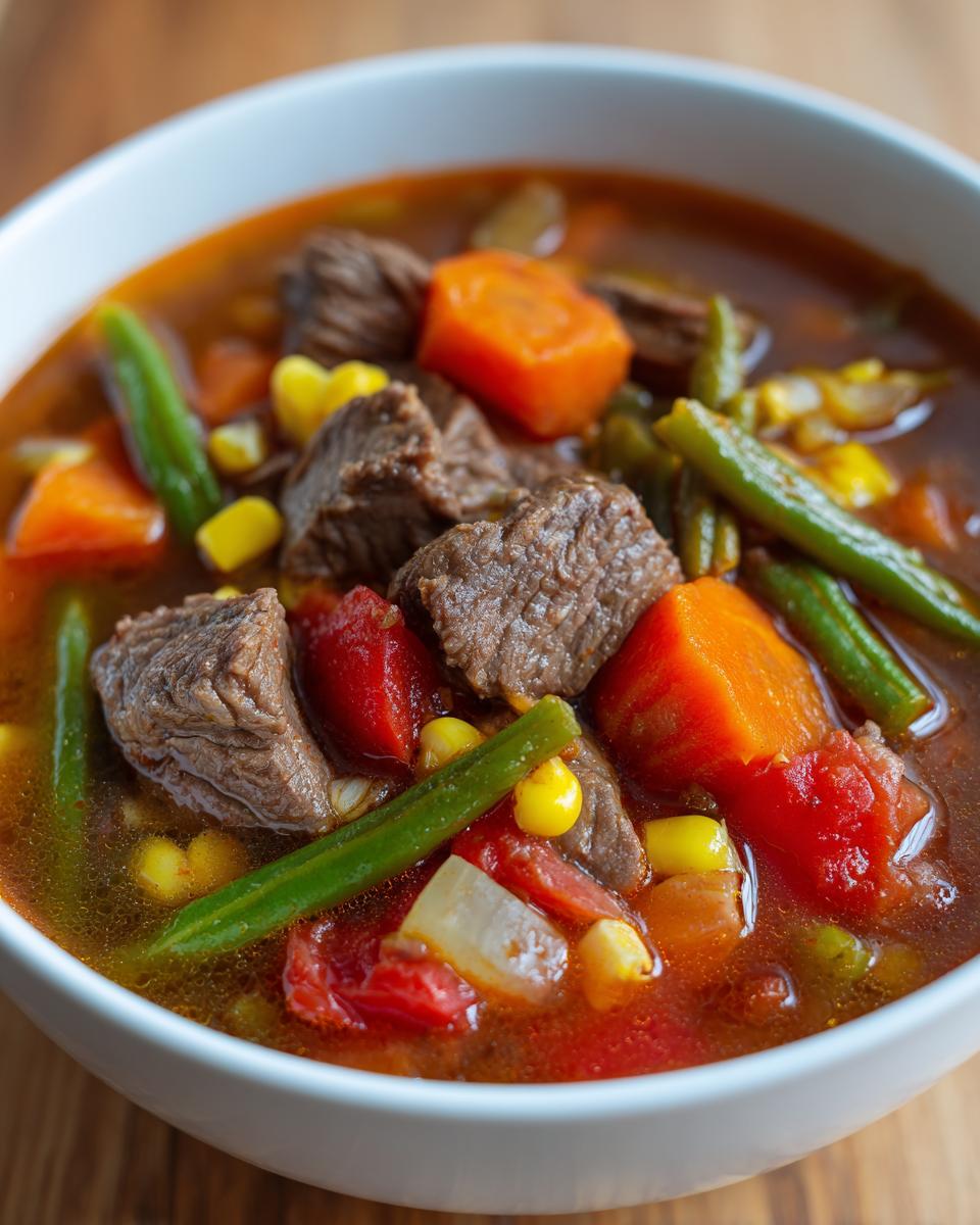 Close-up of a bowl of hearty vegetable beef soup showing chunks of beef, carrots, green beans, corn, and tomatoes.