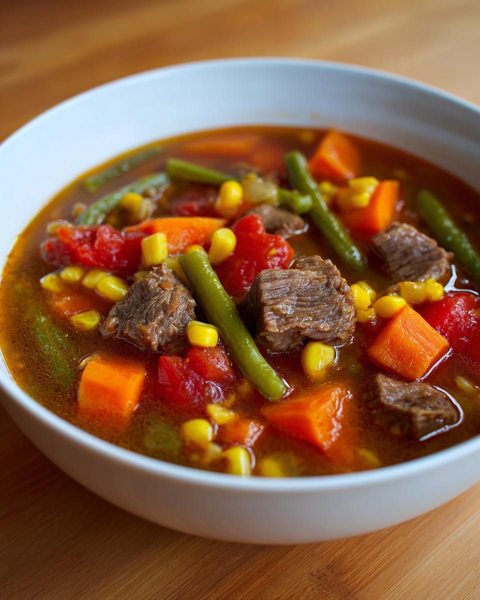 Close-up of a bowl of hearty vegetable beef soup featuring chunks of beef, carrots, green beans, corn, and tomatoes.