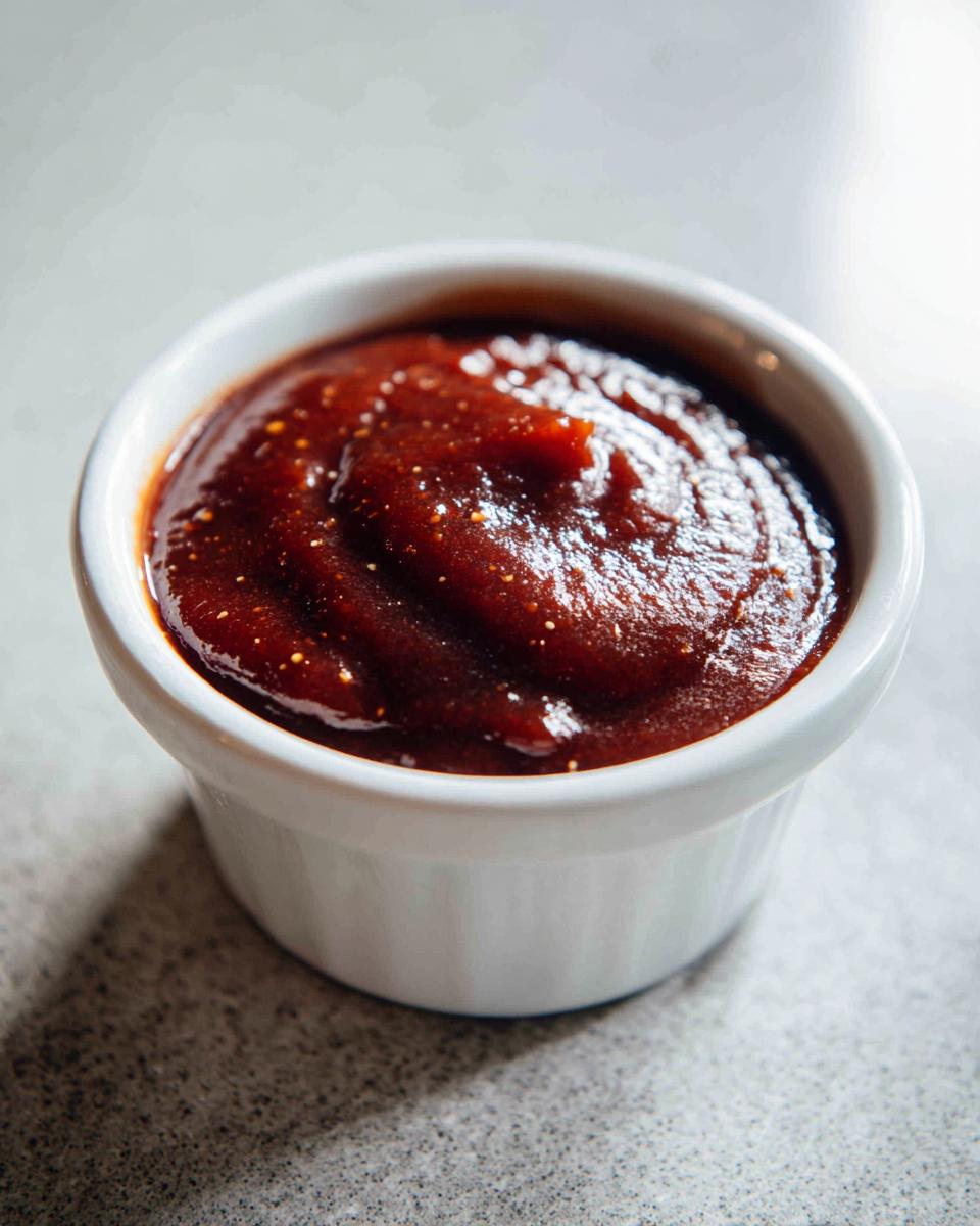 Close-up of thick, dark red homemade bbq sauce served in a small white ramekin.