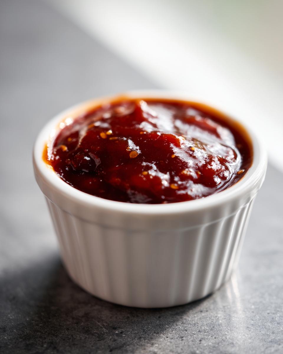 A small white ramekin filled with thick, dark red homemade bbq sauce, showing visible spices.