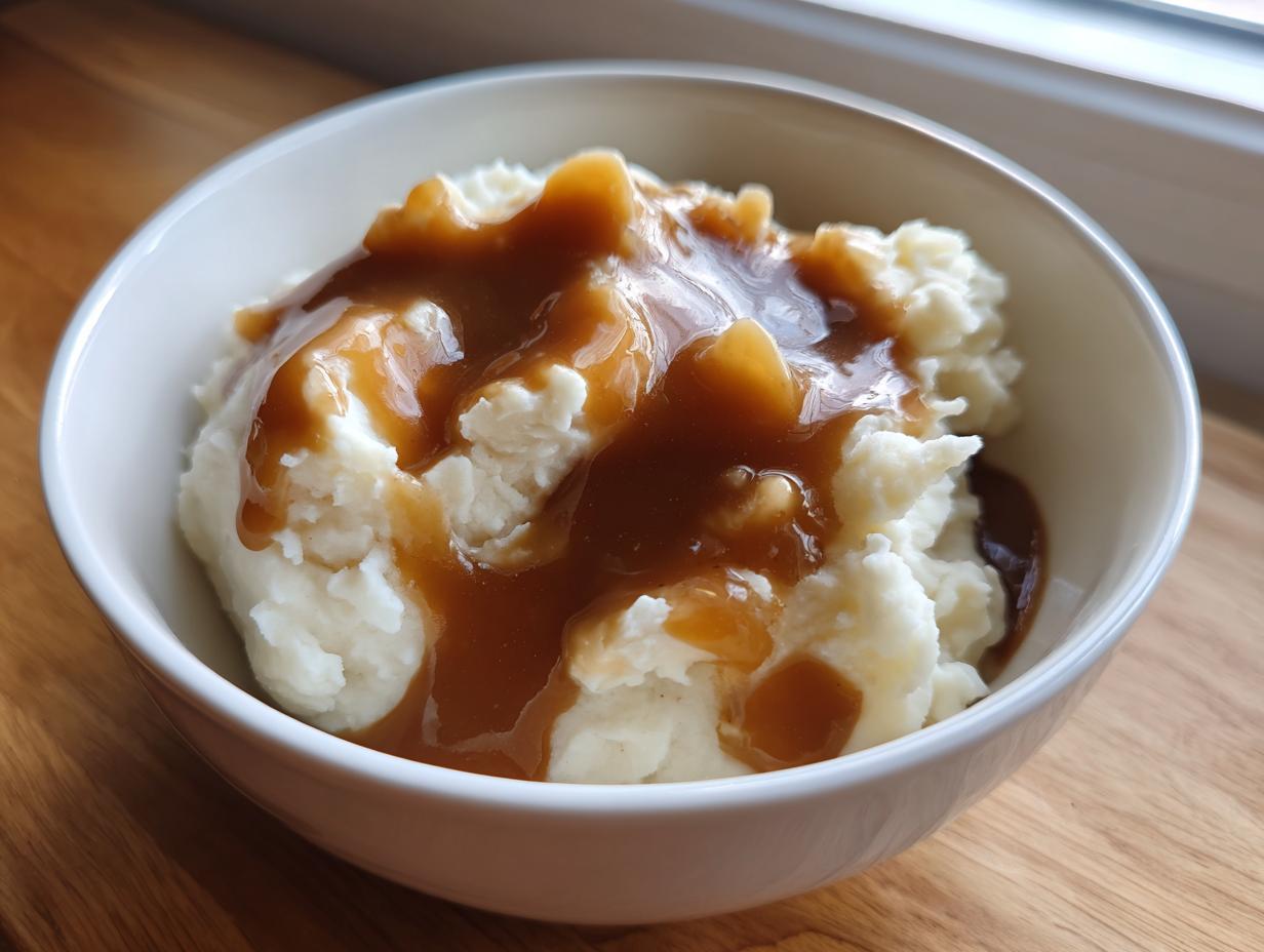 A close-up of fluffy mashed potatoes generously topped with rich, homemade brown gravy in a white bowl.