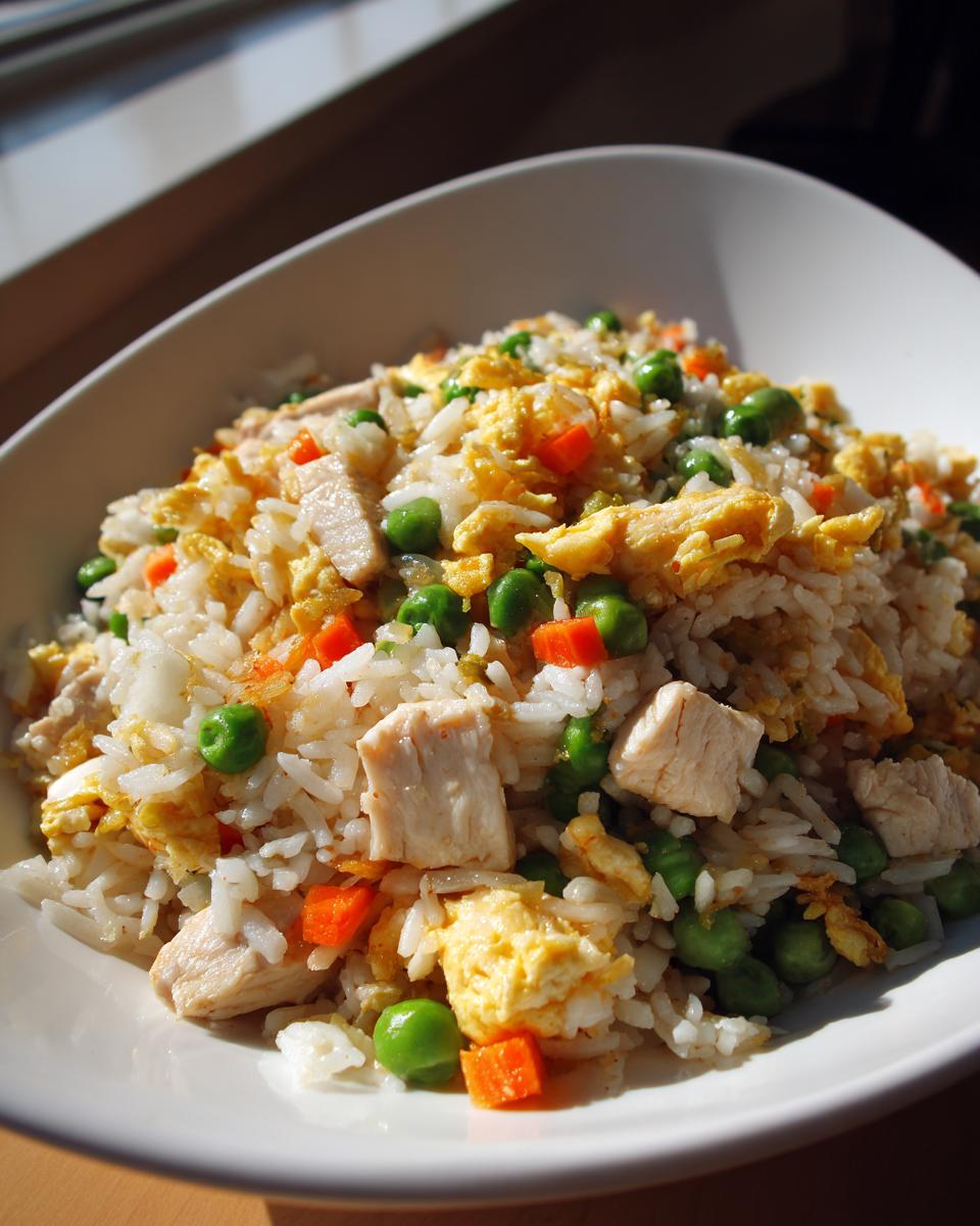 A close-up view of a generous serving of homemade chicken fried rice with white rice, diced chicken, scrambled egg, peas, and carrots.