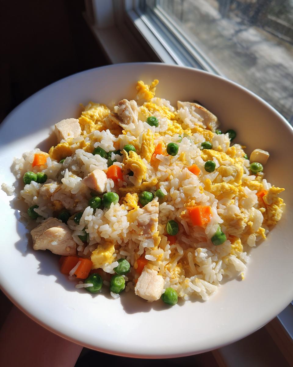 A close-up of homemade chicken fried rice with scrambled egg, peas, and carrots served in a white bowl.