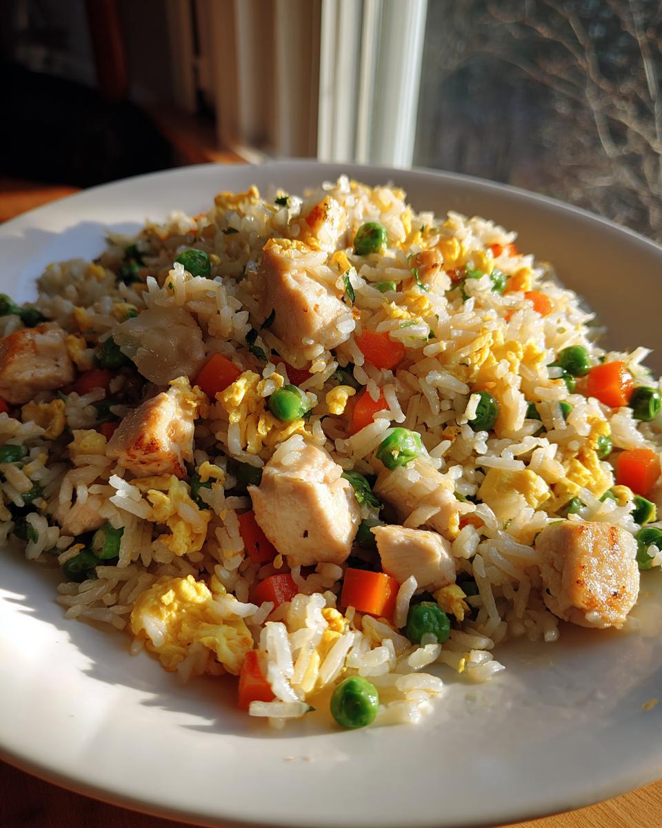 Close-up of a serving of homemade chicken fried rice featuring white rice, diced chicken, scrambled egg, peas, and carrots.