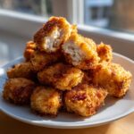 A pile of golden brown homemade chicken nuggets on a white plate, one nugget is broken open showing the white chicken interior.