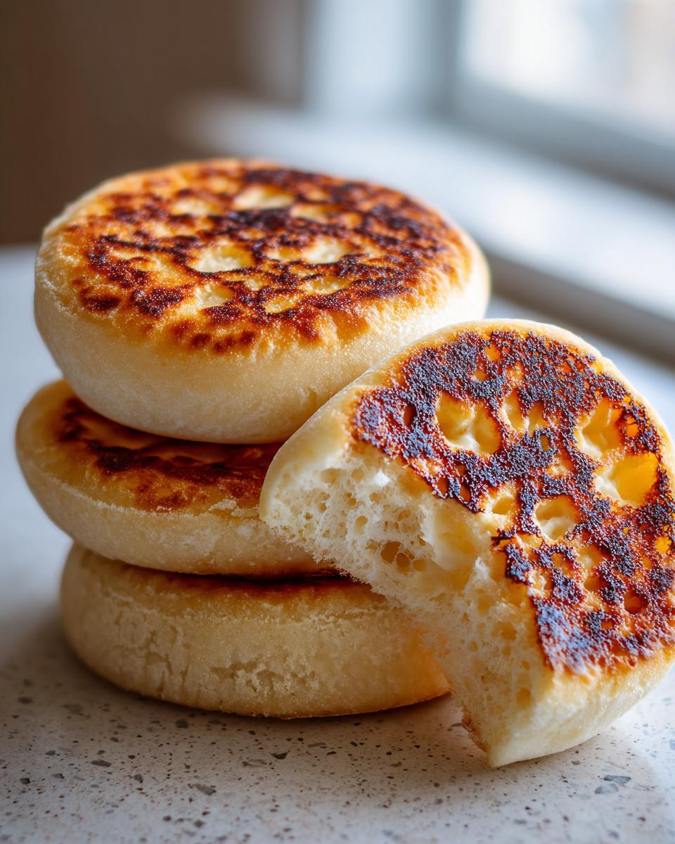 A stack of three golden-brown, freshly cooked english muffin rounds, one split open showing the signature nooks and crannies.
