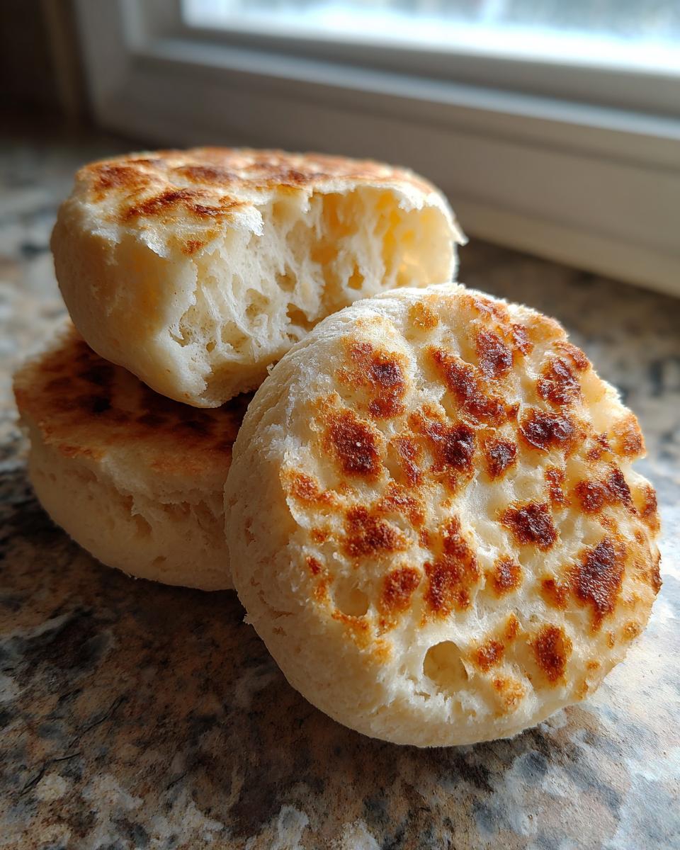 Three homemade english muffin halves stacked, showing the porous interior and golden-brown toasted spots on the surface.