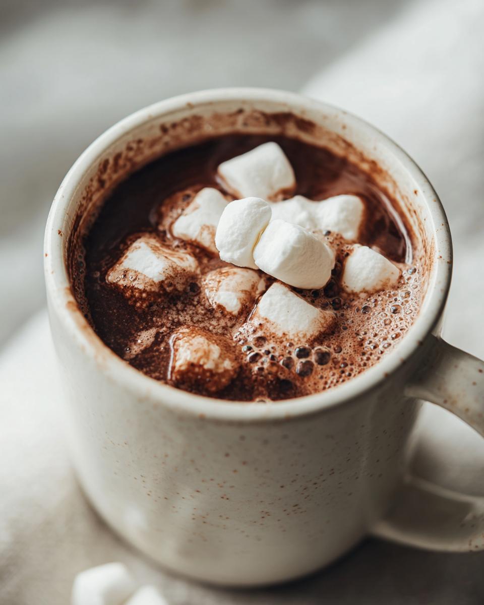 A close-up shot of a mug filled with rich homemade hot cocoa topped with melting marshmallows.
