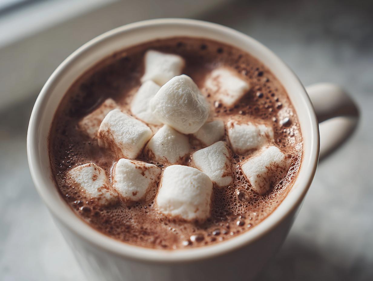 A cozy, close-up view of a mug filled with rich homemade hot cocoa topped with fluffy white marshmallows.