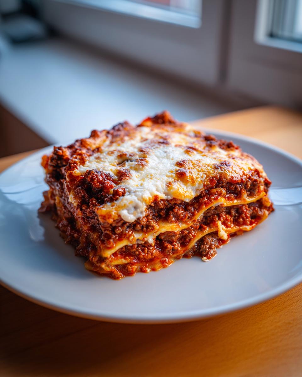 A hearty, square slice of homemade lasagna with rich meat sauce and melted, browned cheese topping.