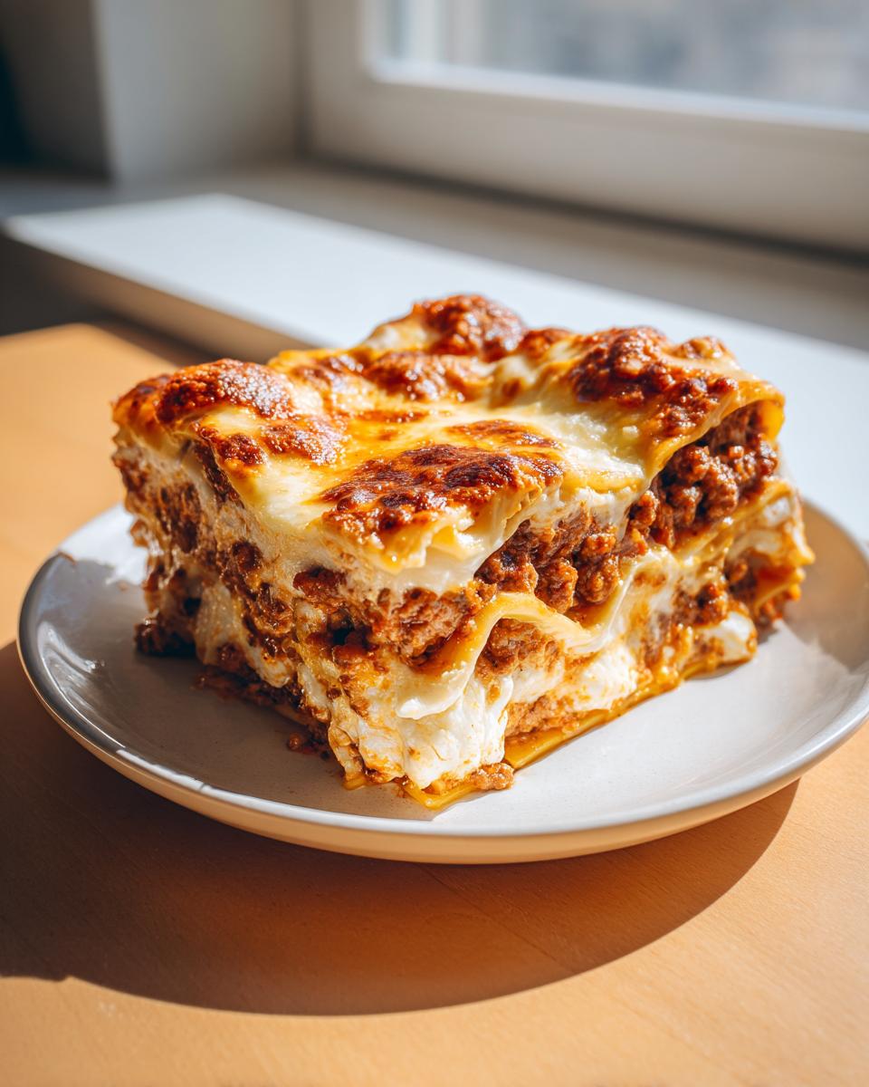 A thick, square slice of homemade lasagna with rich meat sauce and creamy cheese layers, perfectly baked.