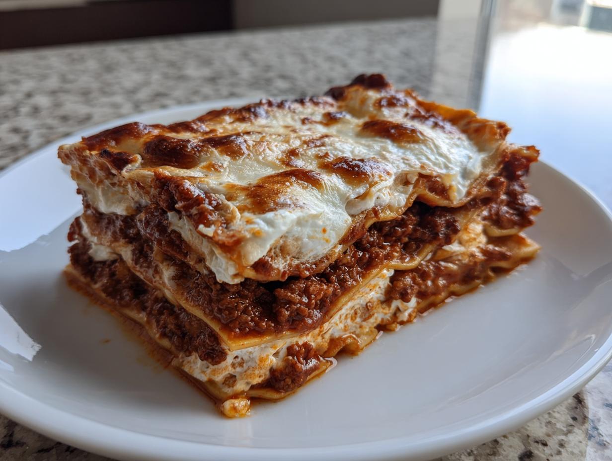 A thick, layered slice of homemade lasagna featuring rich meat sauce and bubbly, browned cheese topping.