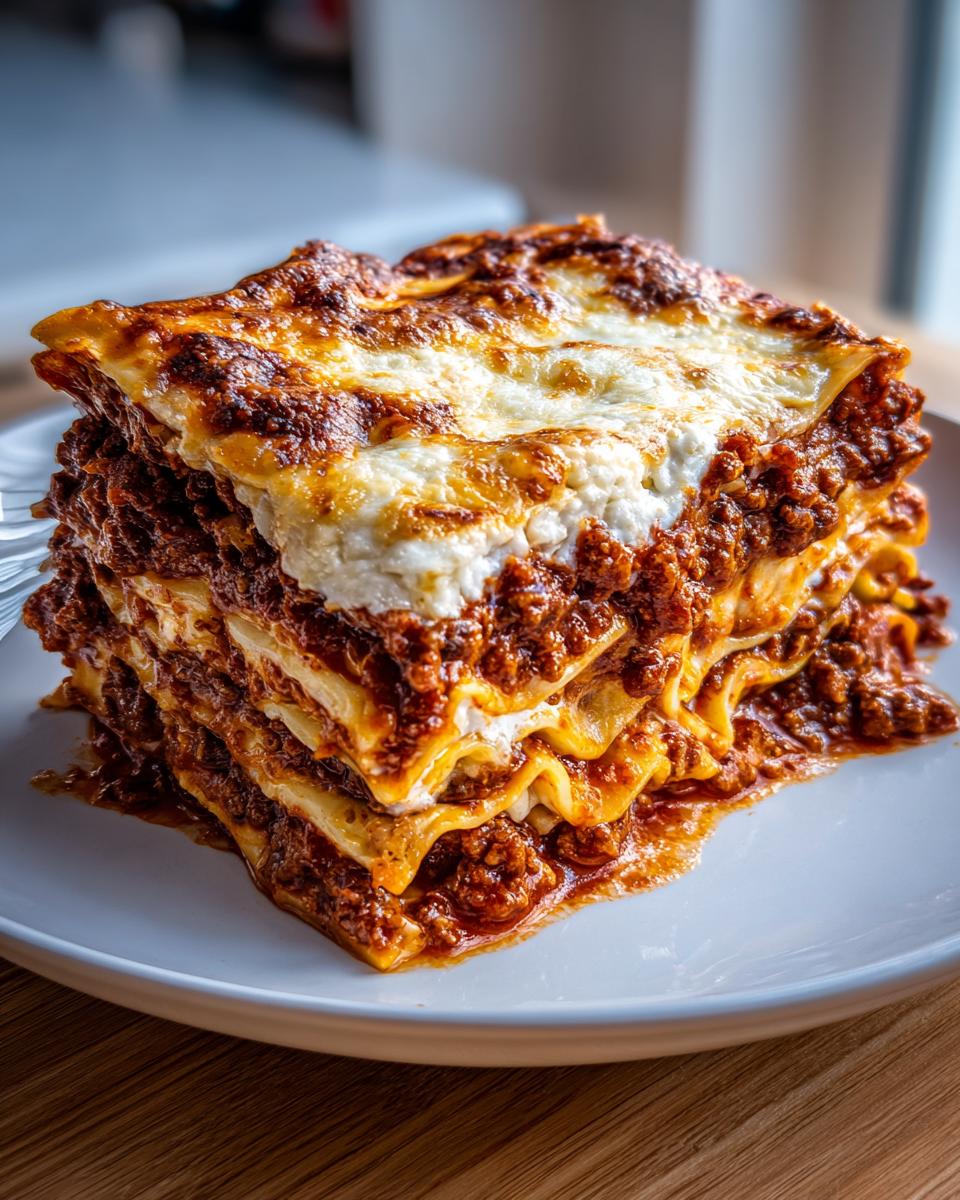 A tall, perfectly cut slice of homemade lasagna showing multiple layers of pasta, rich meat sauce, and melted cheese topping.