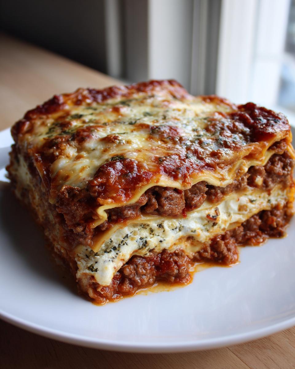 A generous, square slice of homemade lasagna showing layers of pasta, meat sauce, and ricotta cheese, topped with melted cheese.