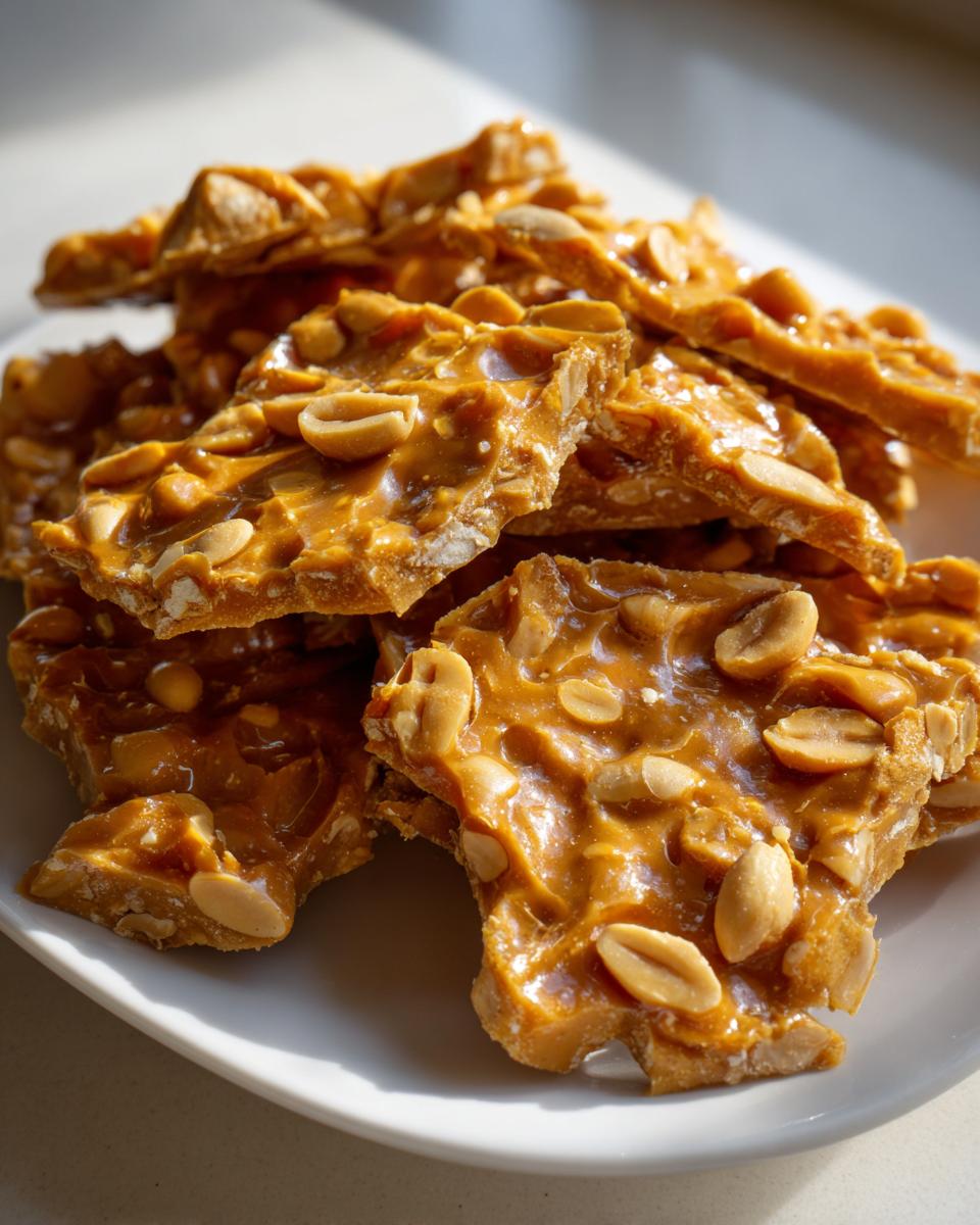 Close-up of broken, golden pieces of homemade peanut brittle recipe stacked on a white plate.
