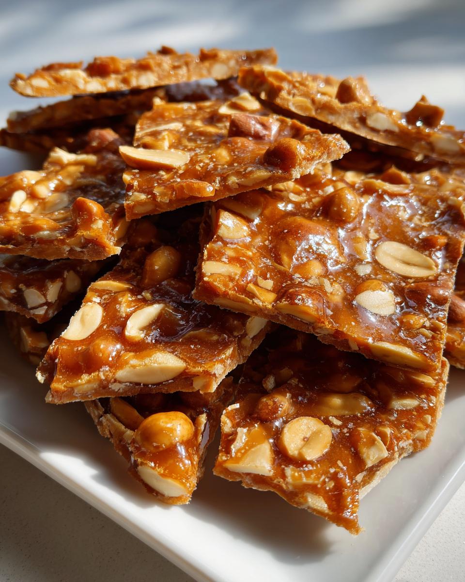 Close-up of broken, glossy pieces of homemade peanut brittle recipe stacked on a white plate.