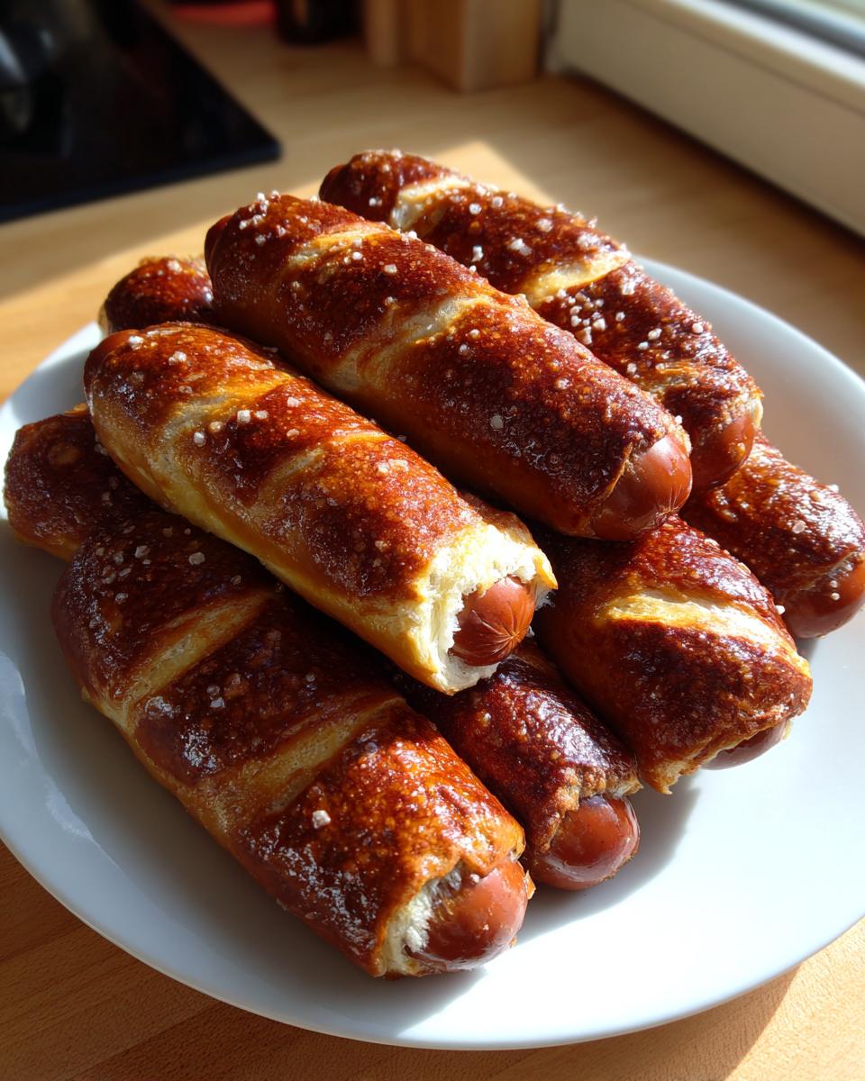 A pile of freshly baked pretzel dogs with a dark brown, salted crust, served on a white plate.