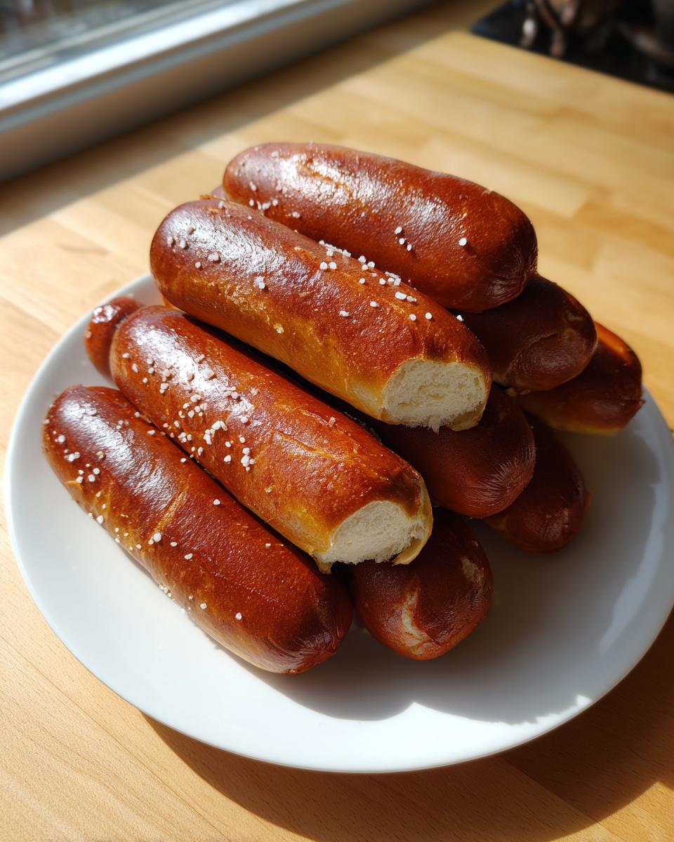 A pile of freshly baked pretzel dogs with a deep brown crust and coarse salt, resting on a white plate.