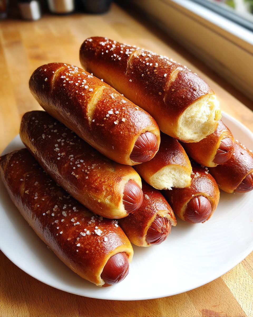 A stack of freshly baked pretzel dogs, wrapped in golden-brown dough and sprinkled with coarse salt, resting on a white plate.