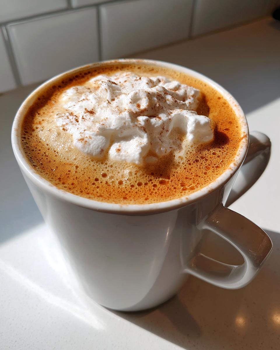 Close-up of a homemade pumpkin spice latte topped with whipped cream and cinnamon.