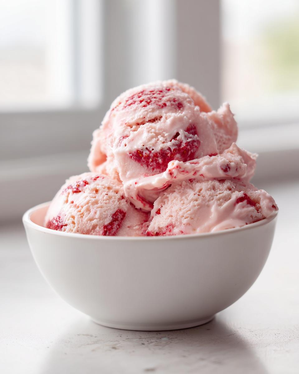 Three generous scoops of pink strawberry ice cream with visible strawberry pieces served in a white bowl.