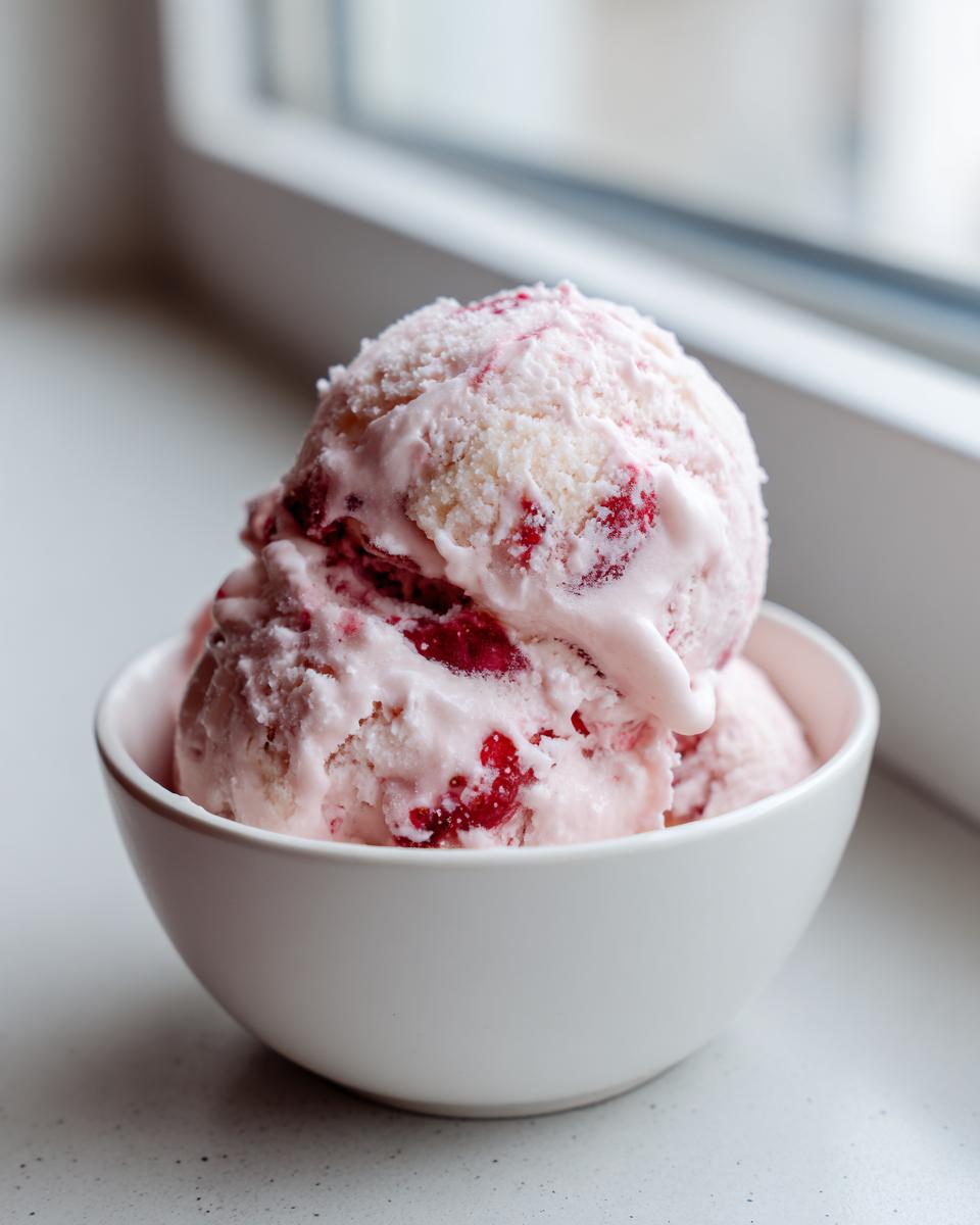 Two scoops of pink and white strawberry ice cream with visible fruit swirls served in a small white bowl.