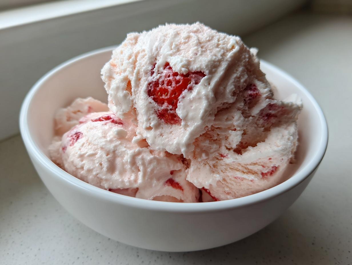 Close-up of several scoops of pale pink strawberry ice cream with visible chunks of red fruit in a white bowl.