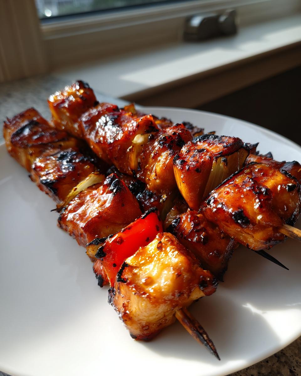 Close-up of two glazed honey garlic chicken skewers with charred edges and chunks of red pepper and onion, resting on a white plate.