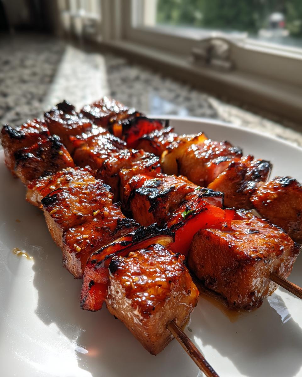 Close-up of two honey garlic chicken skewers with charred edges and red peppers, glistening with glaze.