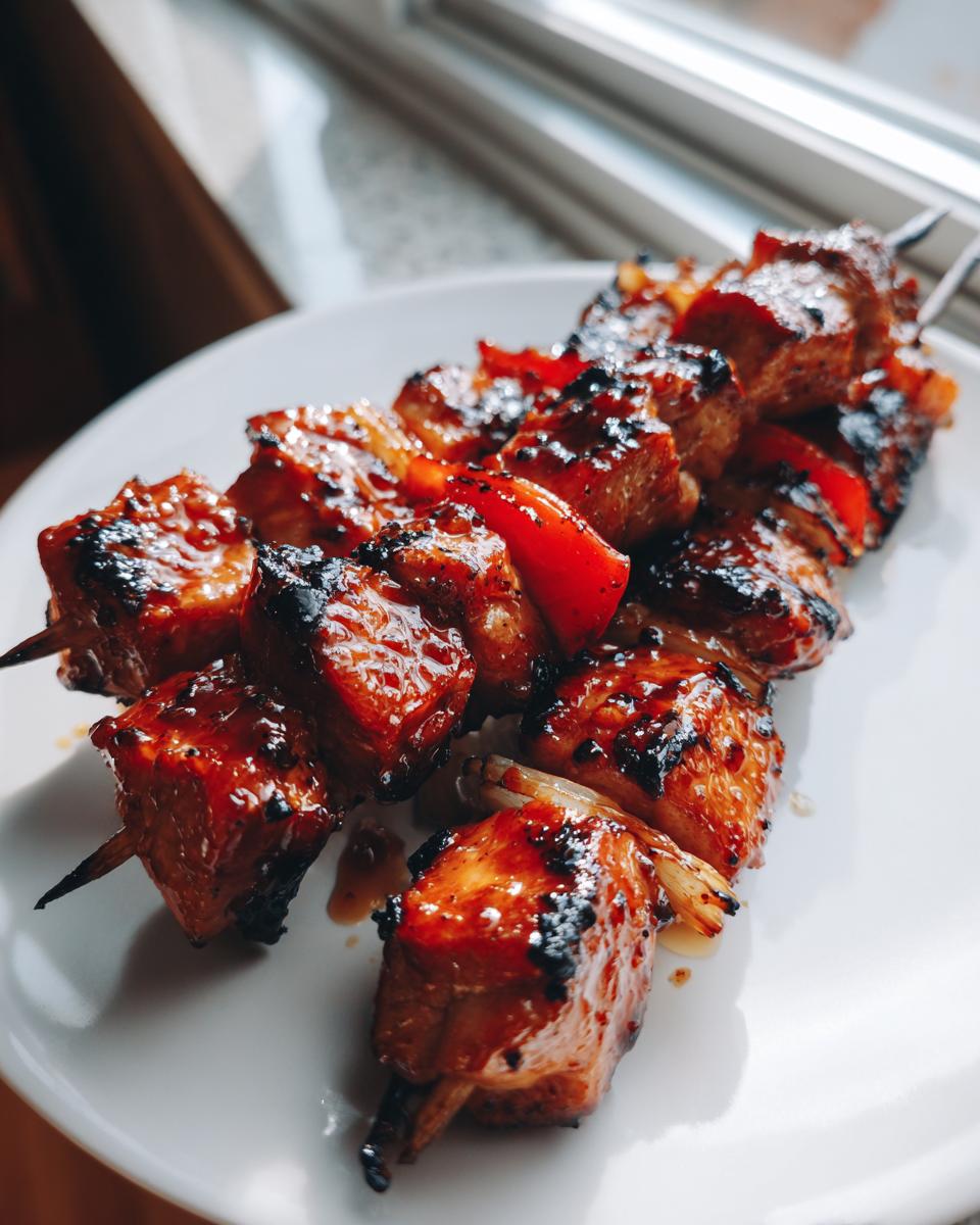 Close-up of two skewers loaded with glazed, caramelized chicken chunks and red bell peppers, known as honey garlic chicken skewers.