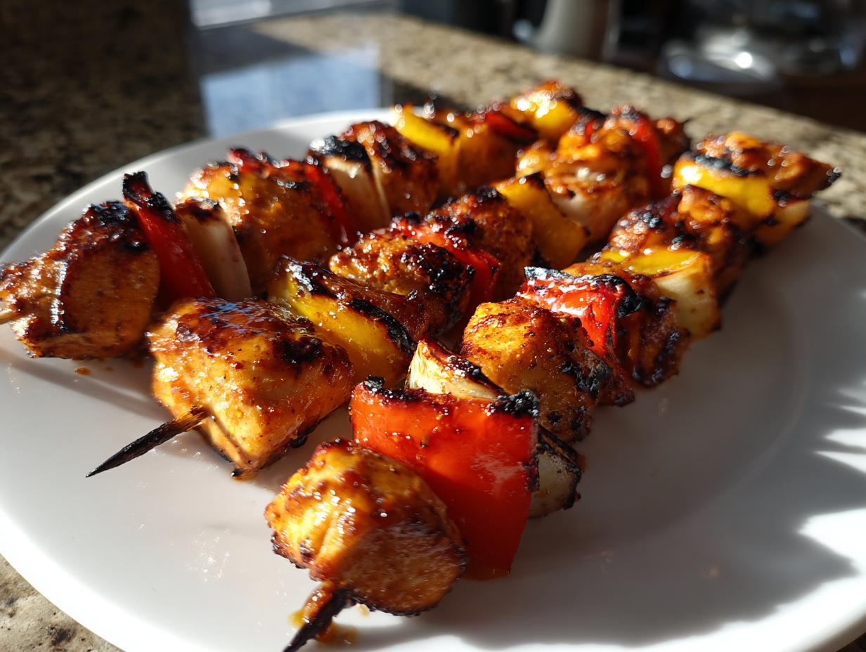Close-up of three glazed honey garlic chicken skewers with charred edges and colorful bell peppers on a white plate.